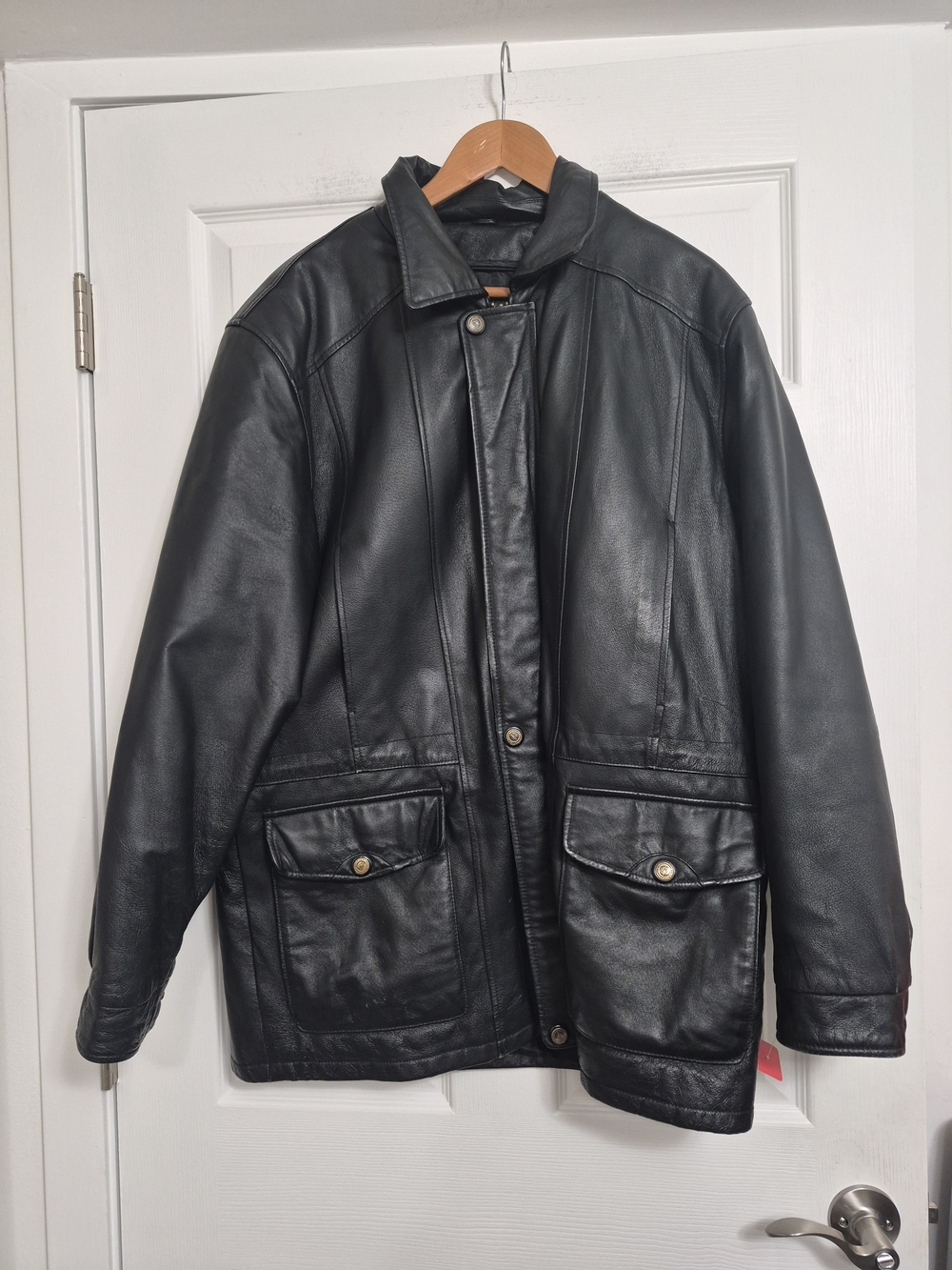 Men's Black Leather Jacket - Classic Pocket Coat